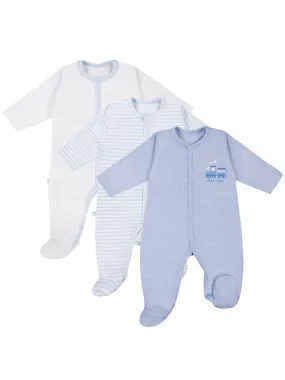 3 Pack Early Baby Footed Sleepsuits, Trains - Blue