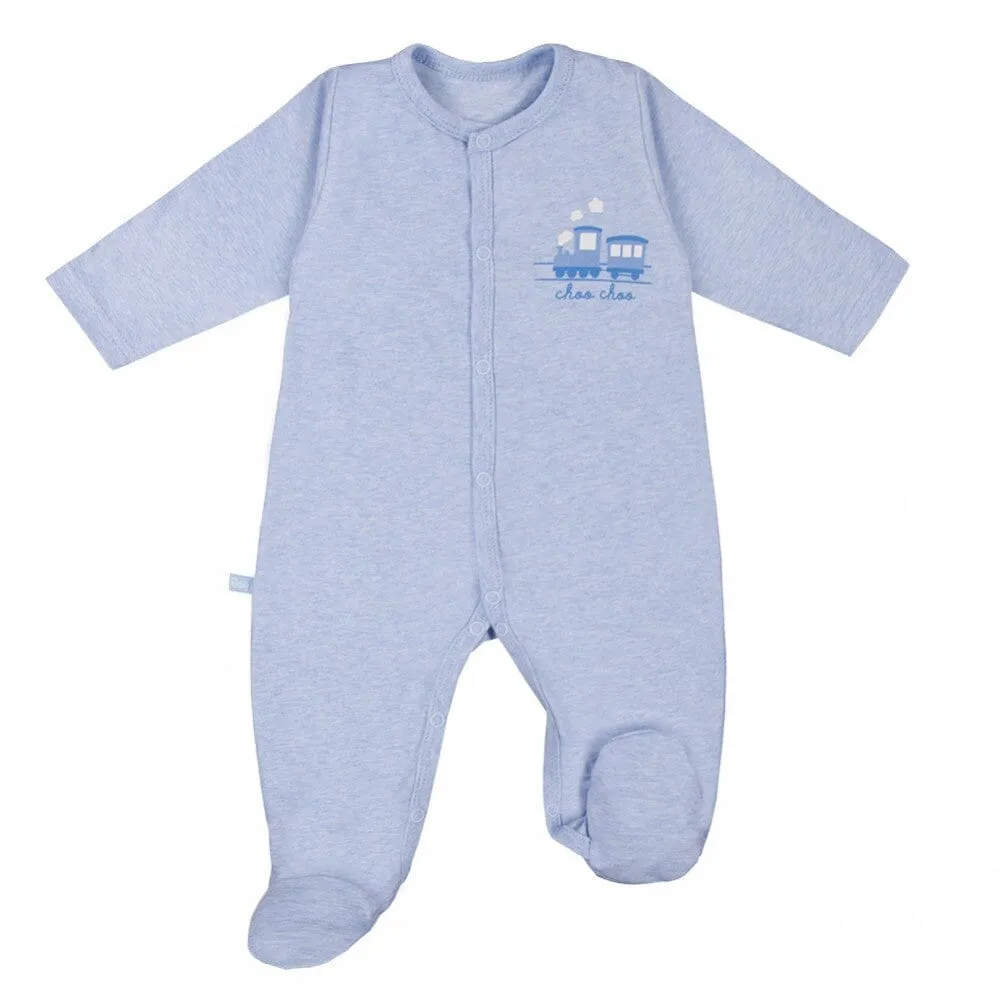 3 Pack Early Baby Footed Sleepsuits, Trains - Blue