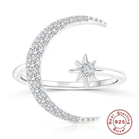 Adjustable Star Moon Design 925 Sterling Silver Ring