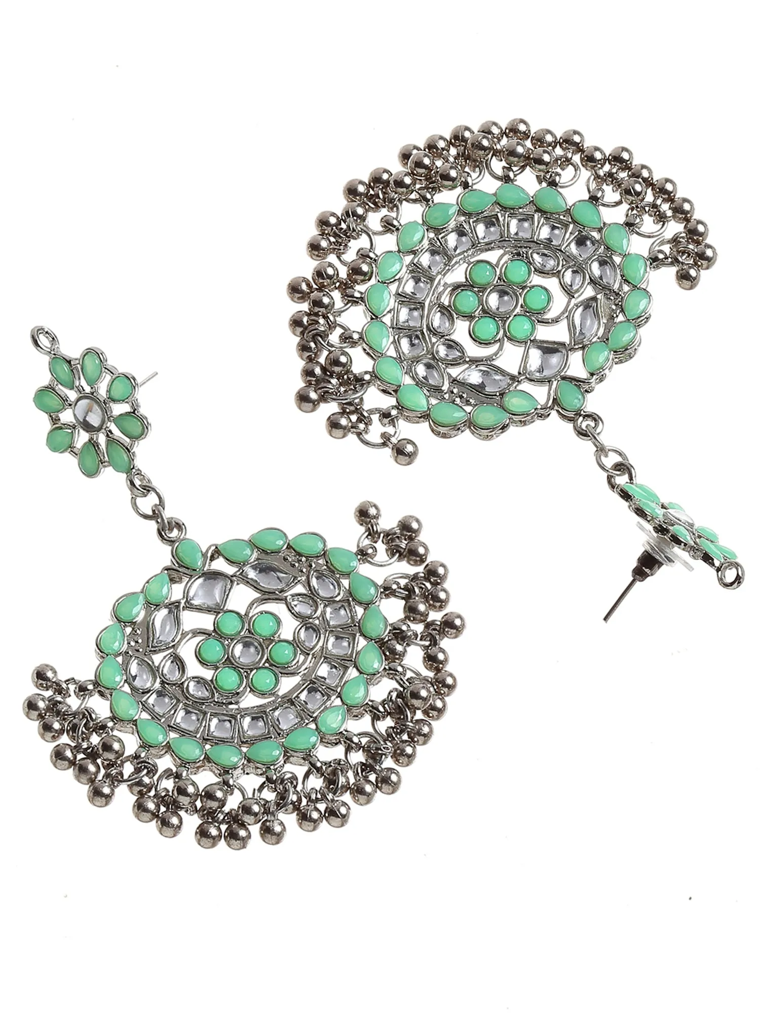 Antique Light Green Kundan Studded Oxidised Silver Handcrafted Chandbali Earrings