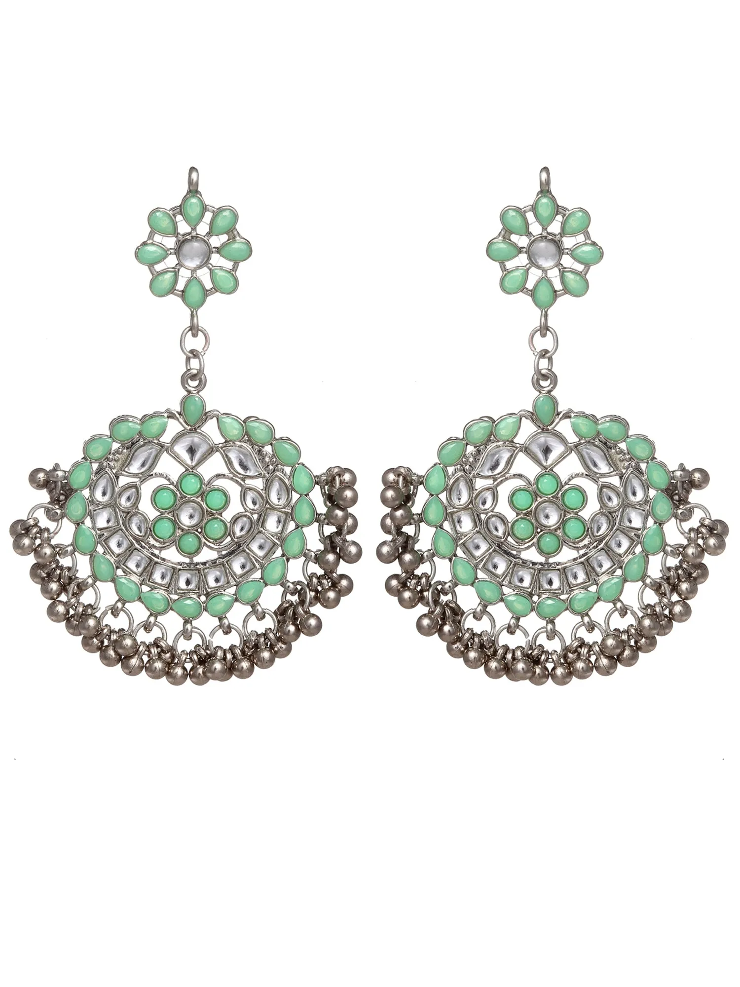 Antique Light Green Kundan Studded Oxidised Silver Handcrafted Chandbali Earrings