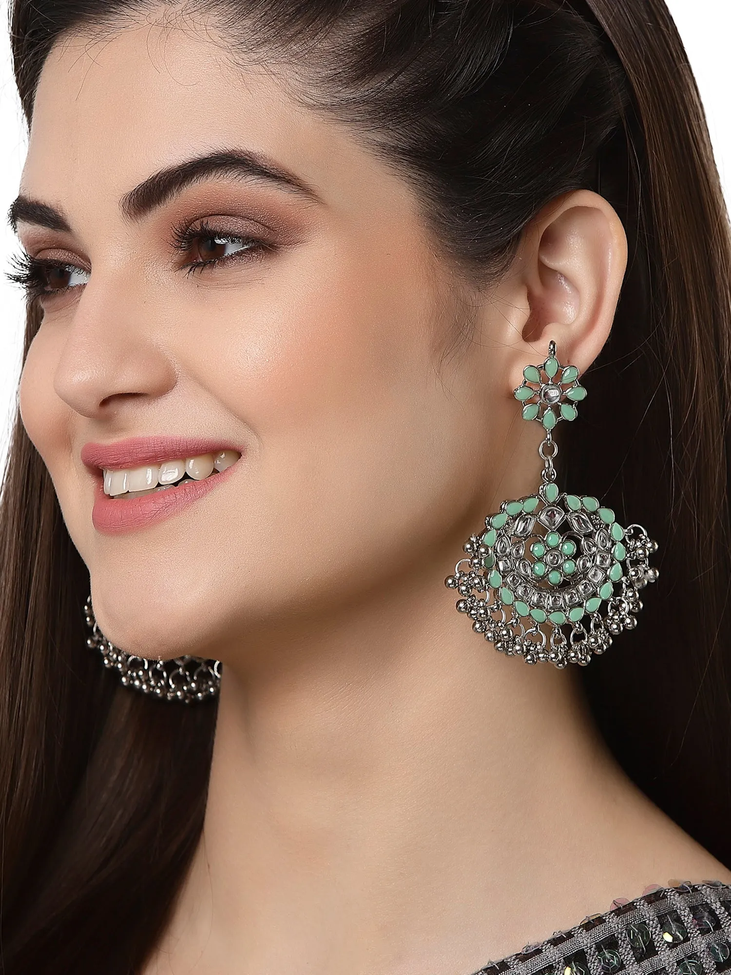 Antique Light Green Kundan Studded Oxidised Silver Handcrafted Chandbali Earrings