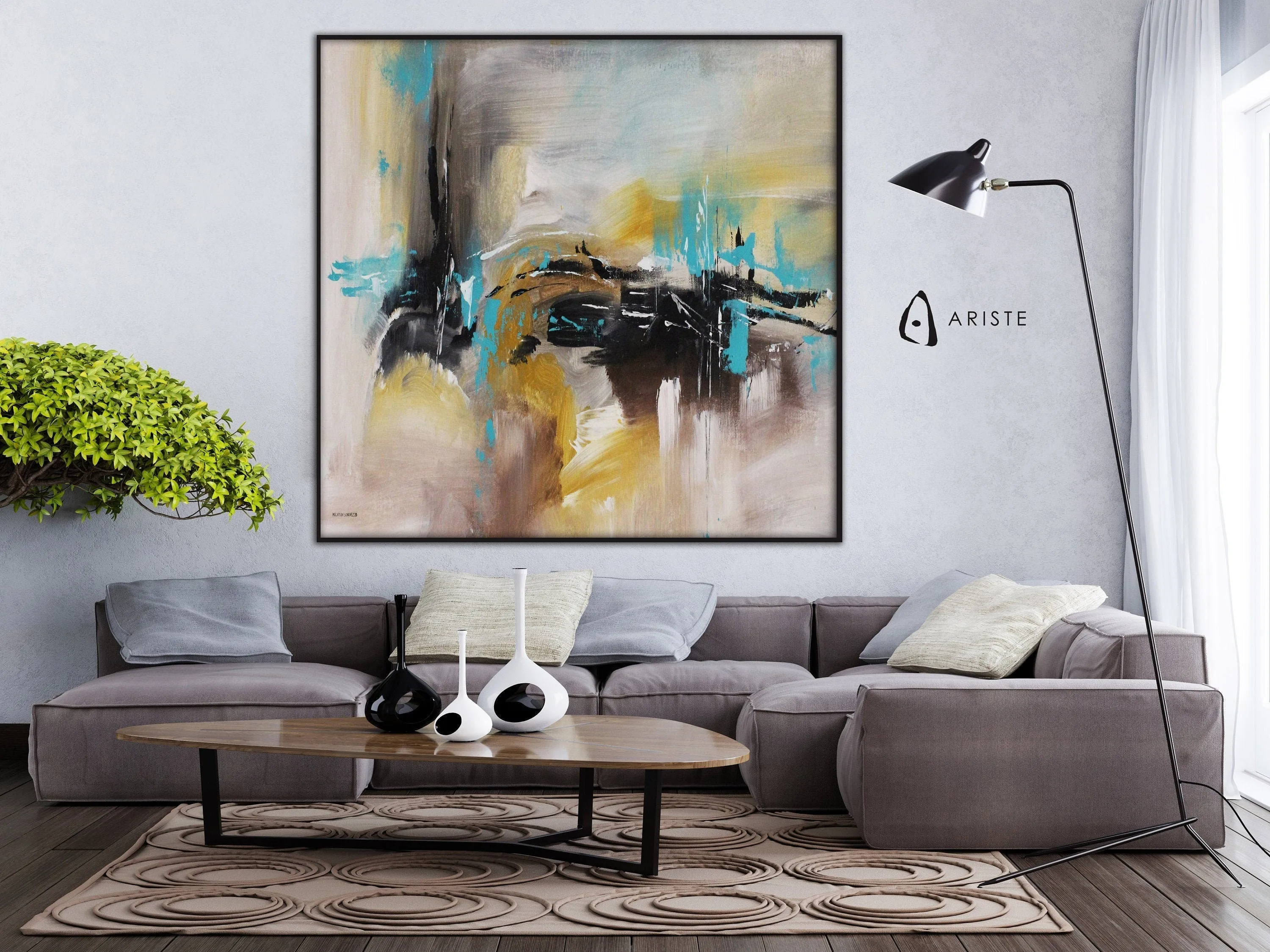 Beige, black & teal extra large canvas art made to order in a custom size