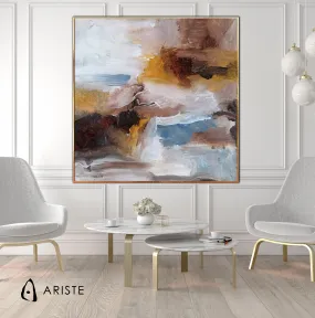 Beige, brown & blue abstract extra large wall art made to order in a custom size