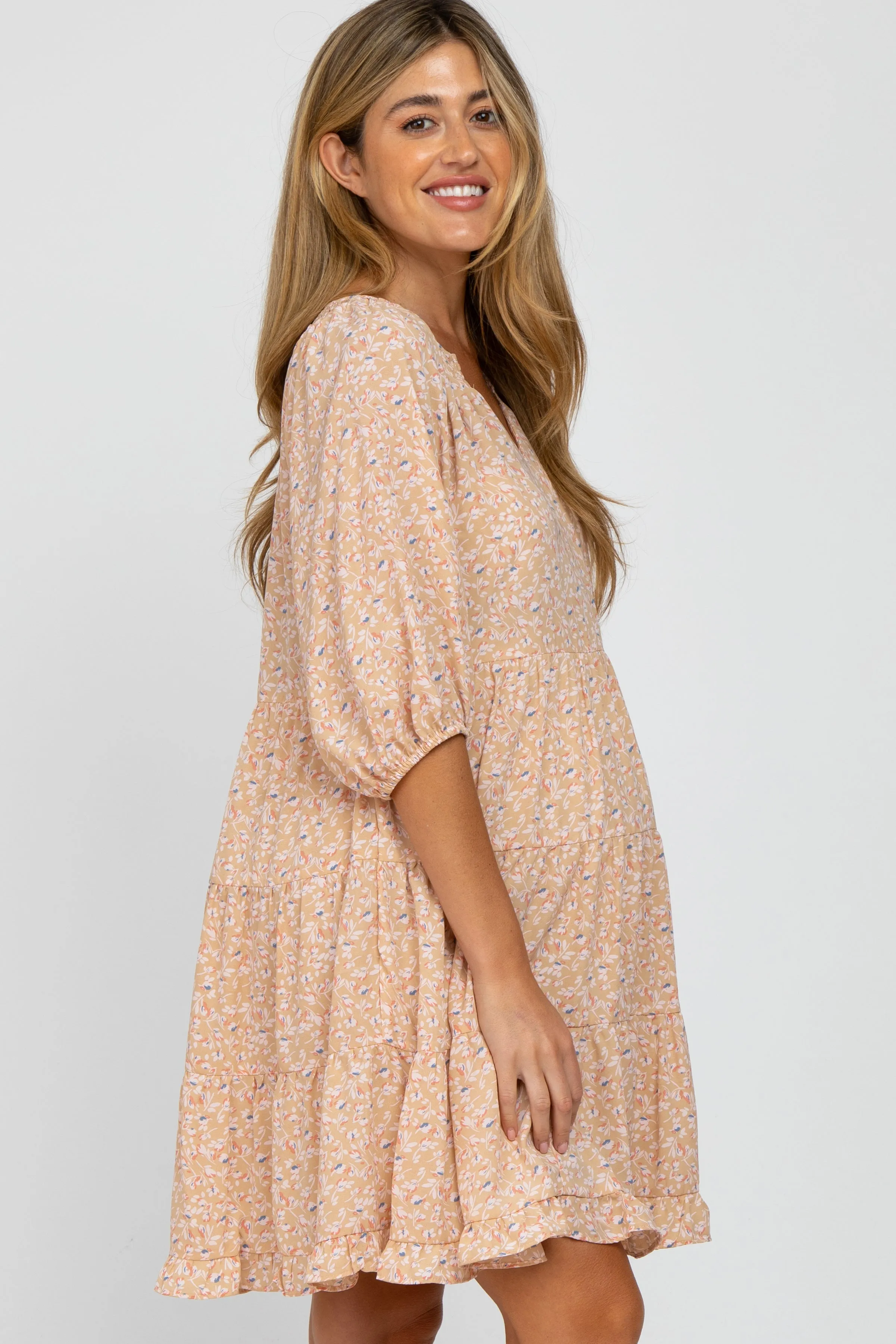 Beige Floral Tiered Smocked Split Neck Maternity Dress