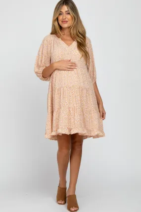 Beige Floral Tiered Smocked Split Neck Maternity Dress