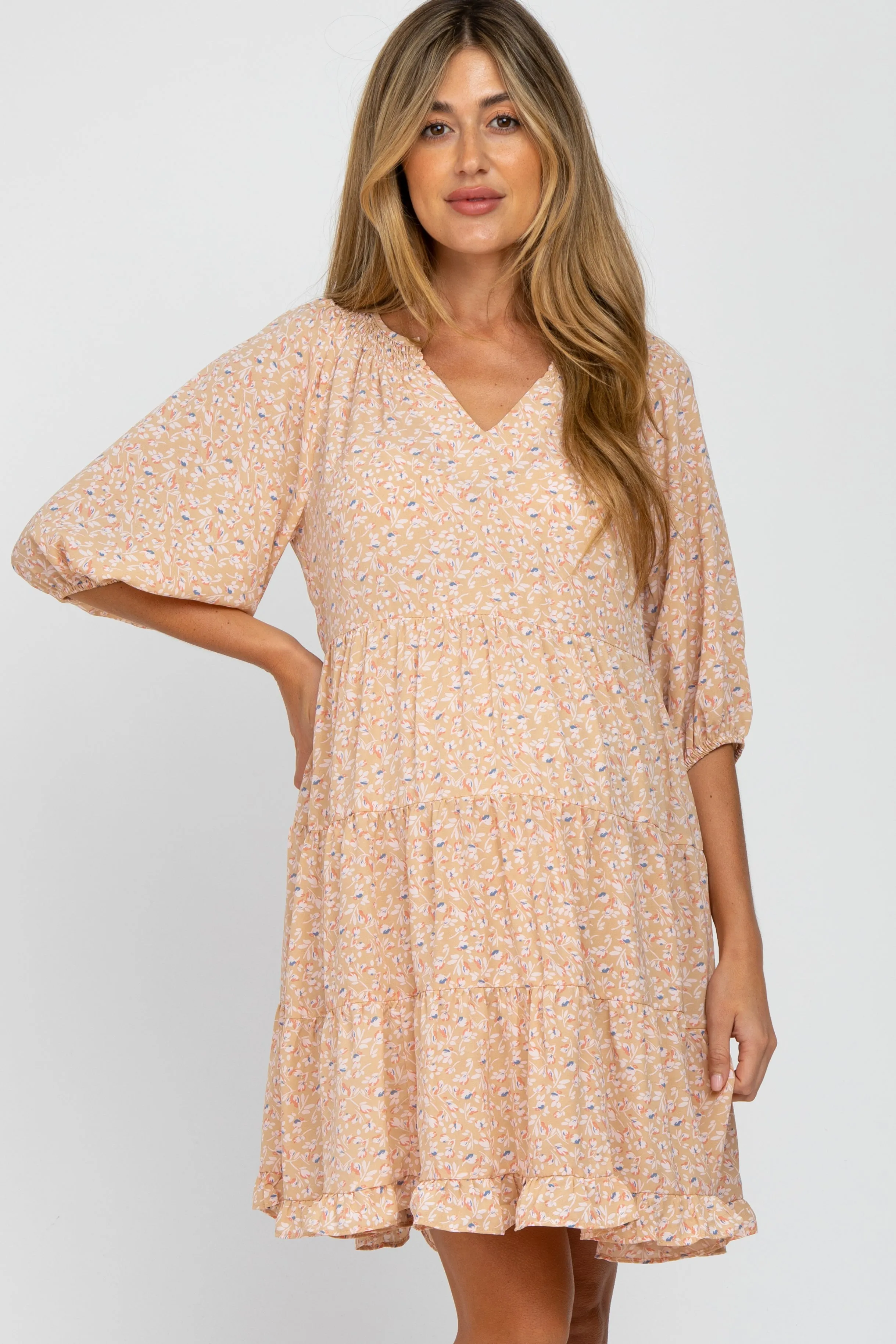 Beige Floral Tiered Smocked Split Neck Maternity Dress