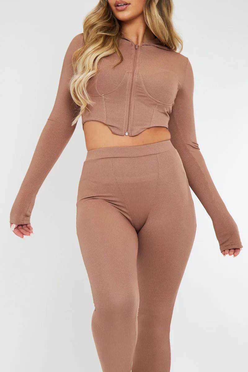 Beige Ribbed Corset Style Hoodie & Leggings Set - Navah