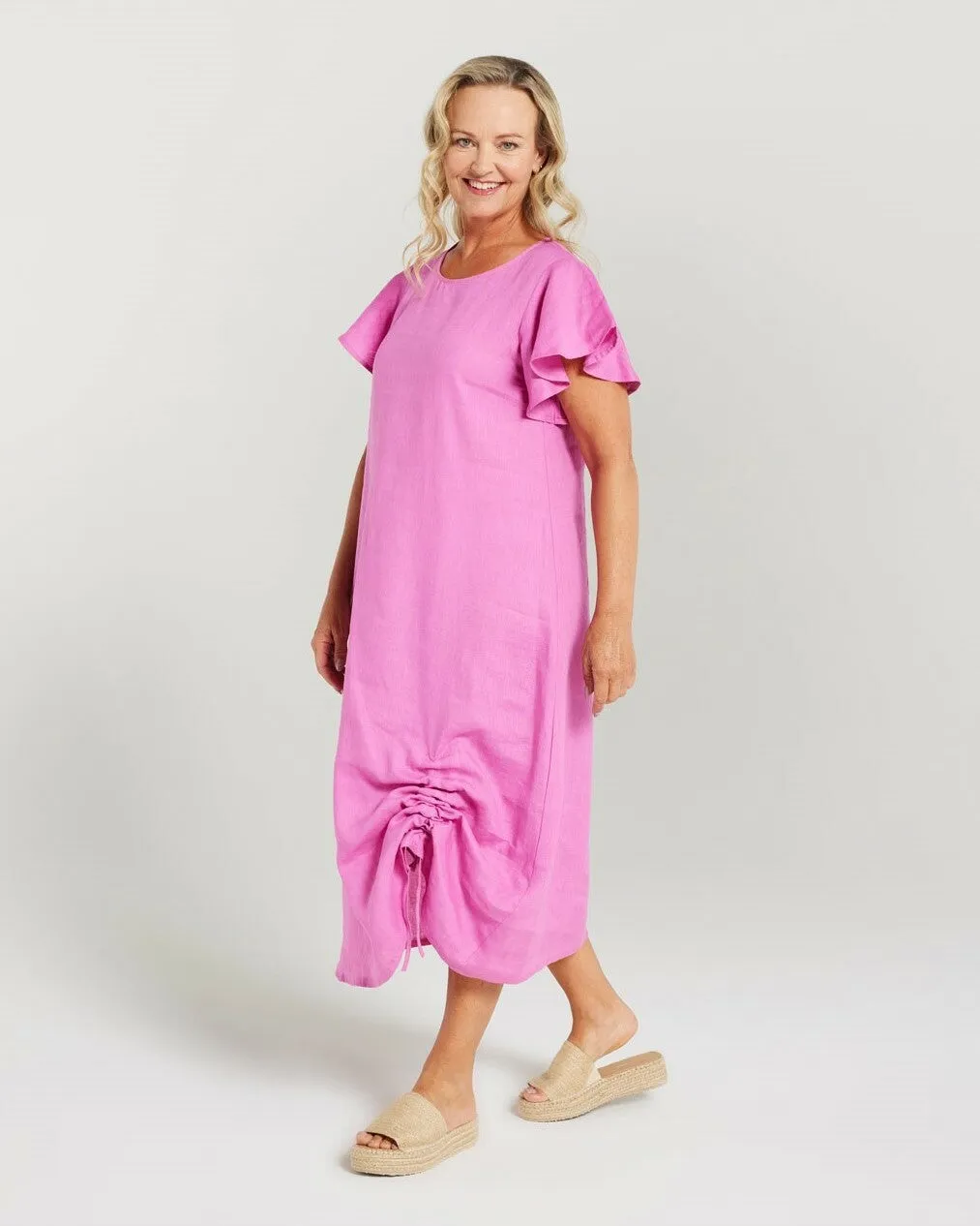 Blackstone Clothing Linen Flutter Sleeve Drawstring Dress-Super Pink