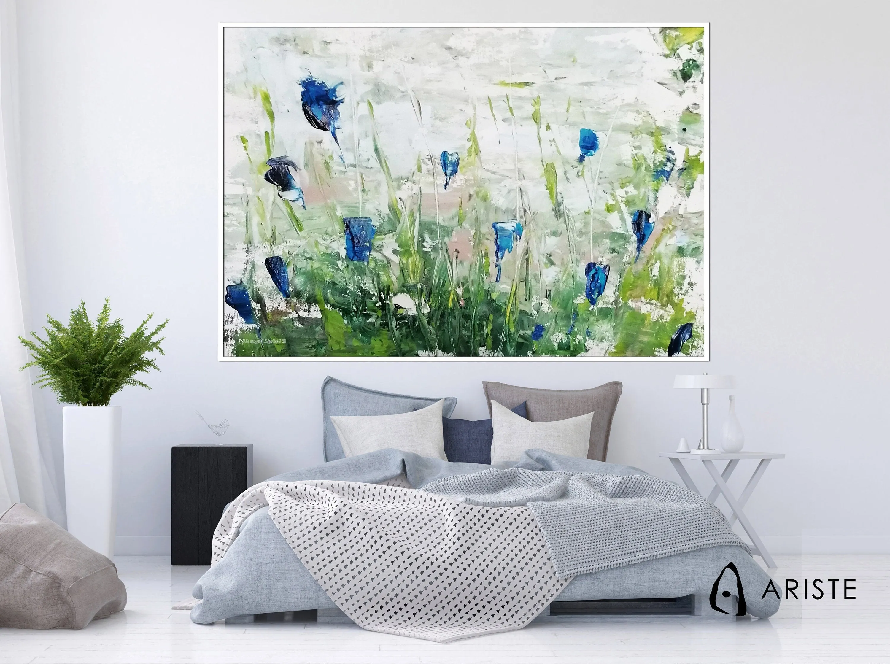 Blue & green large abstract flower paintings made to order in a custom size