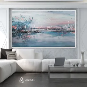 Blue & pink oversized abstract landscape made to order in a custom size