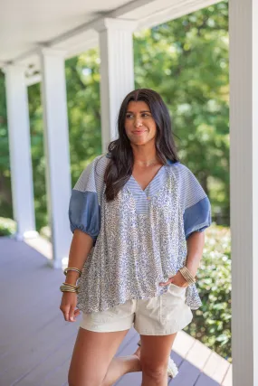 Colorblock Charm Blue Floral Top