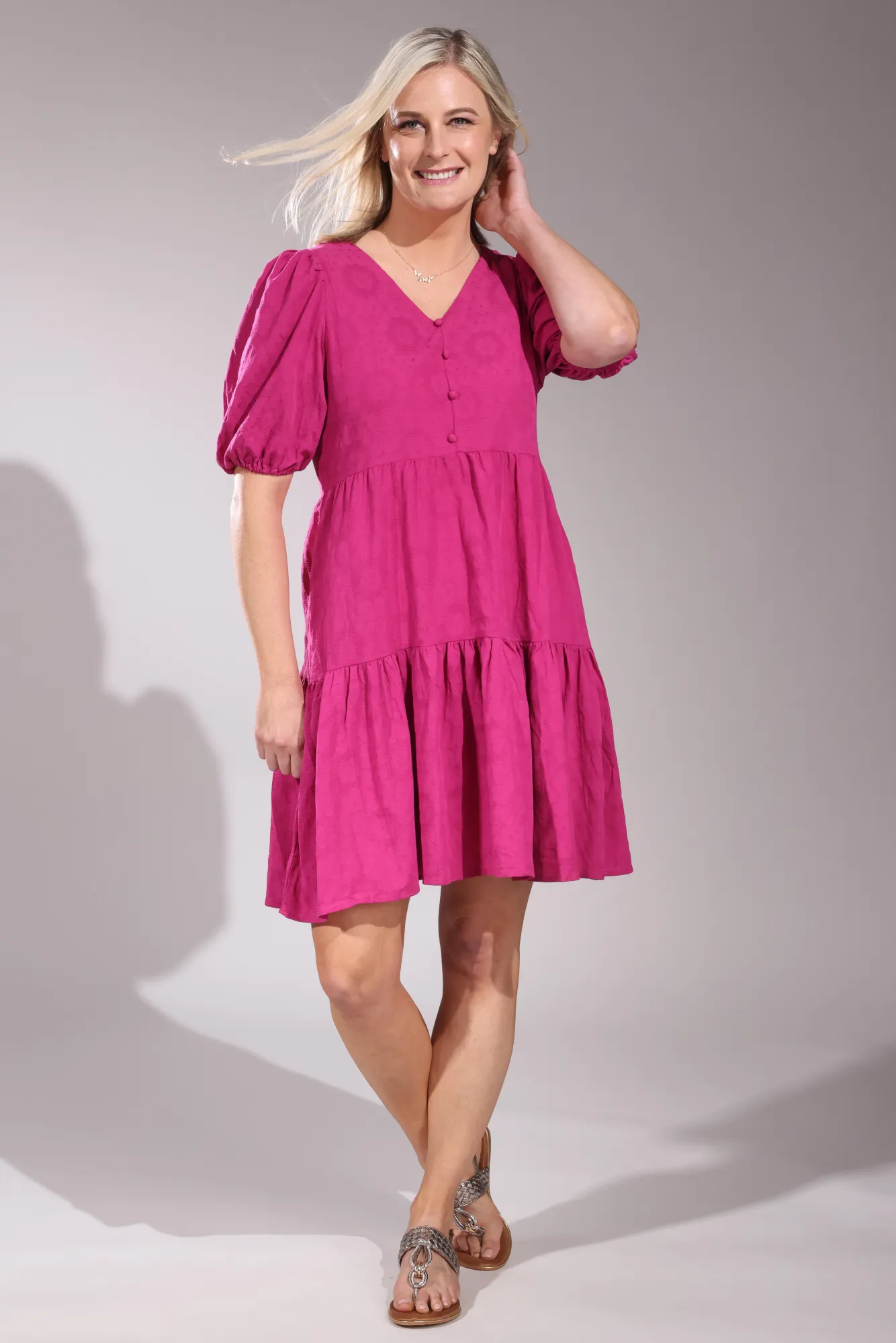 Cotton Blend Floral embossed Dress | MAGENTA | 6136YY