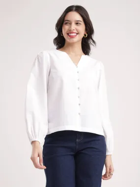 Cotton Linen V Neck Top - White