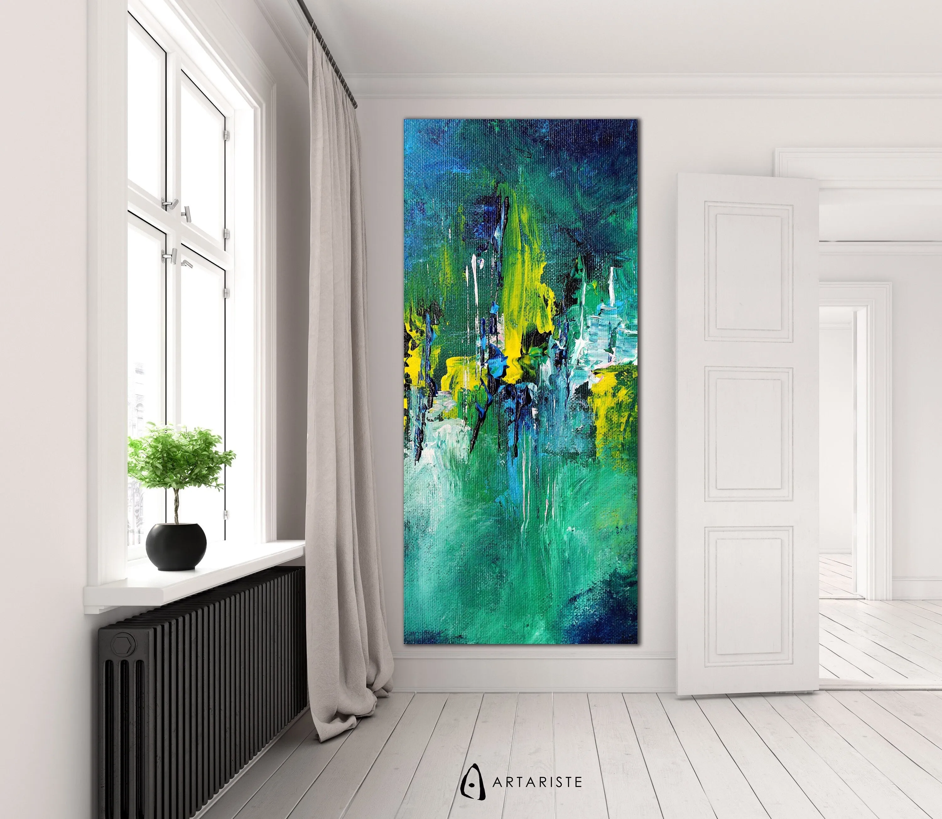 Emerald green & deep blue large abstract painting made to order in a custom size