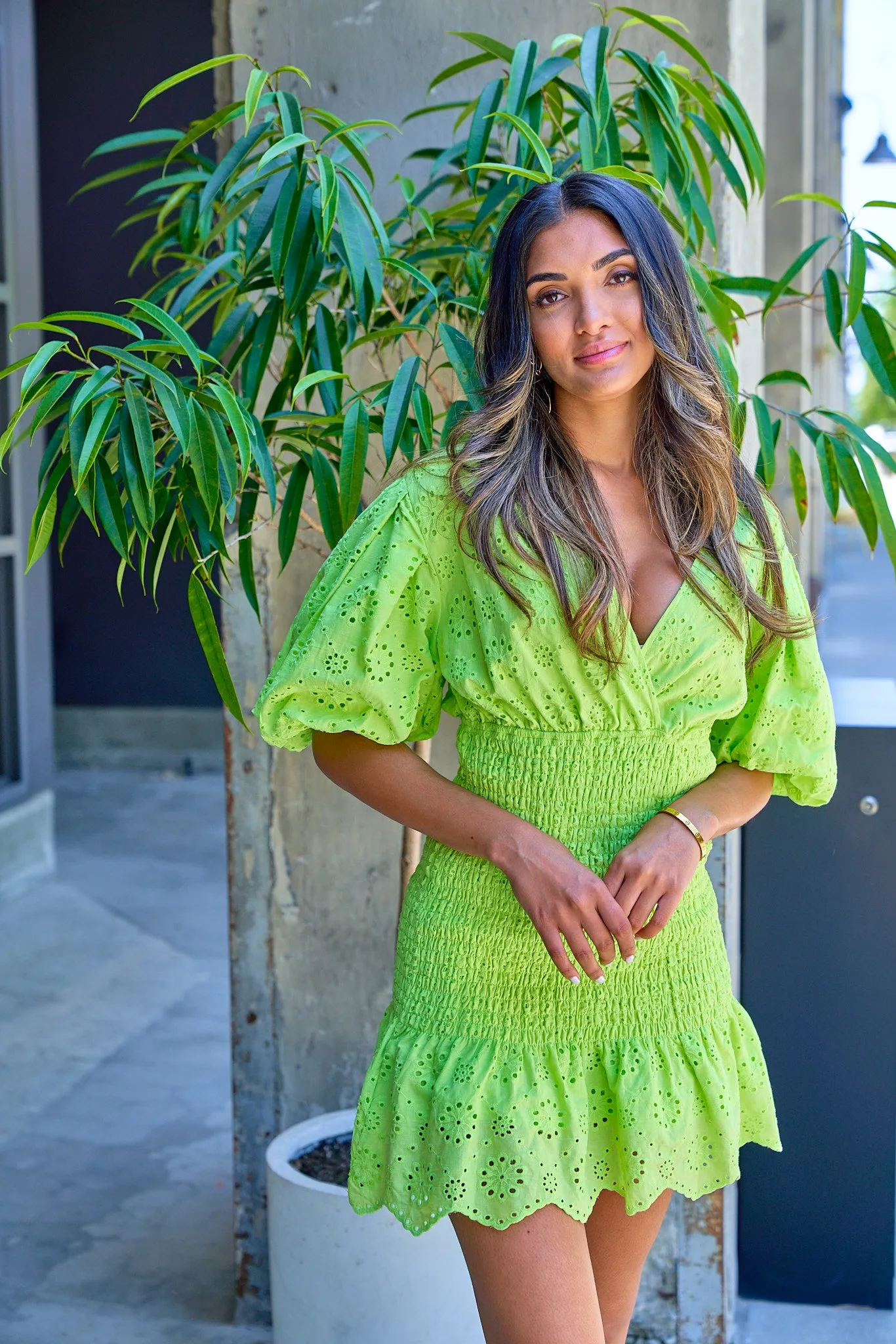 Eyelet Smocked Detail Mini Dress