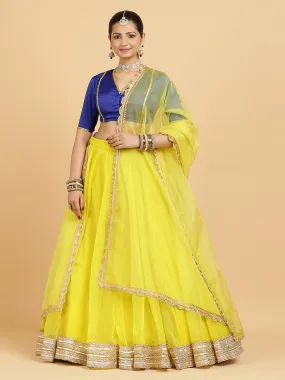 Farah Begum 3-Piece Lehenga Set | Lemon Yellow Lehenga, Cobalt Blue Blouse | With Saher Lemon Yellow Dupatta