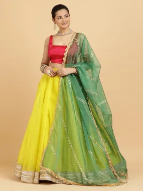 Farah Zeba 3-Piece Lehenga Set | Lemon Yellow Lehenga, Rani Pink Blouse | With Panna Emerald Green Dupatta