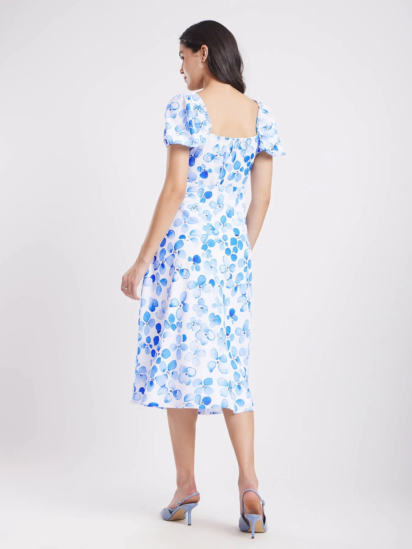 Floral Fit And Flare Dress - Blue And White