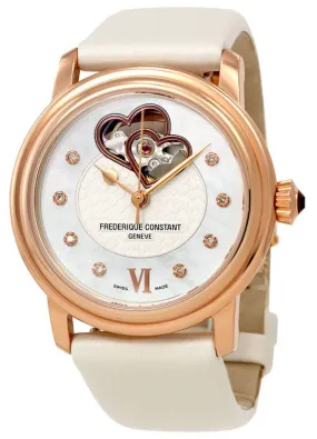 Frederique Constant Double Heart Beat Automatic Rose Gold Plated Steel Mother-Of-Pearl Dial Ivory Satin Strap Diamonds Womens Watch FC-310DHB2P4