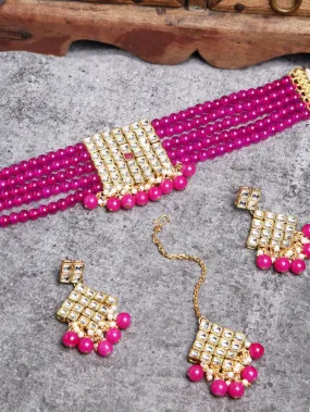 Gold-Plated Embellished Kundan and Pink Beads Handcrafted Choker Necklace Set