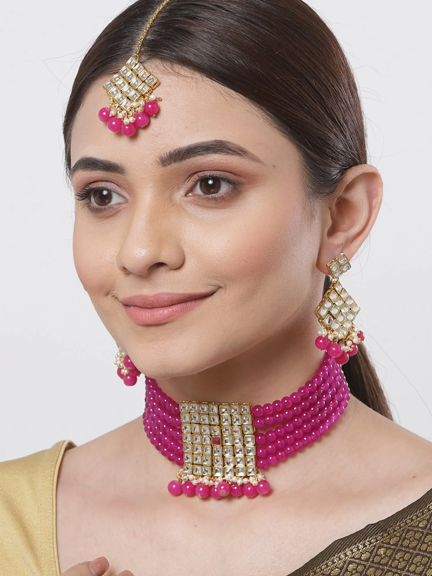 Gold-Plated Embellished Kundan and Pink Beads Handcrafted Choker Necklace Set