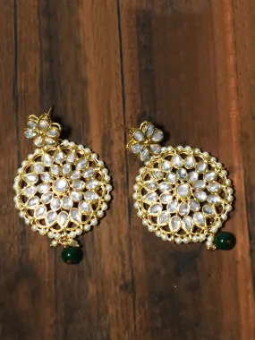 Gold Plated Green Bead Kundan Dangler Earrings