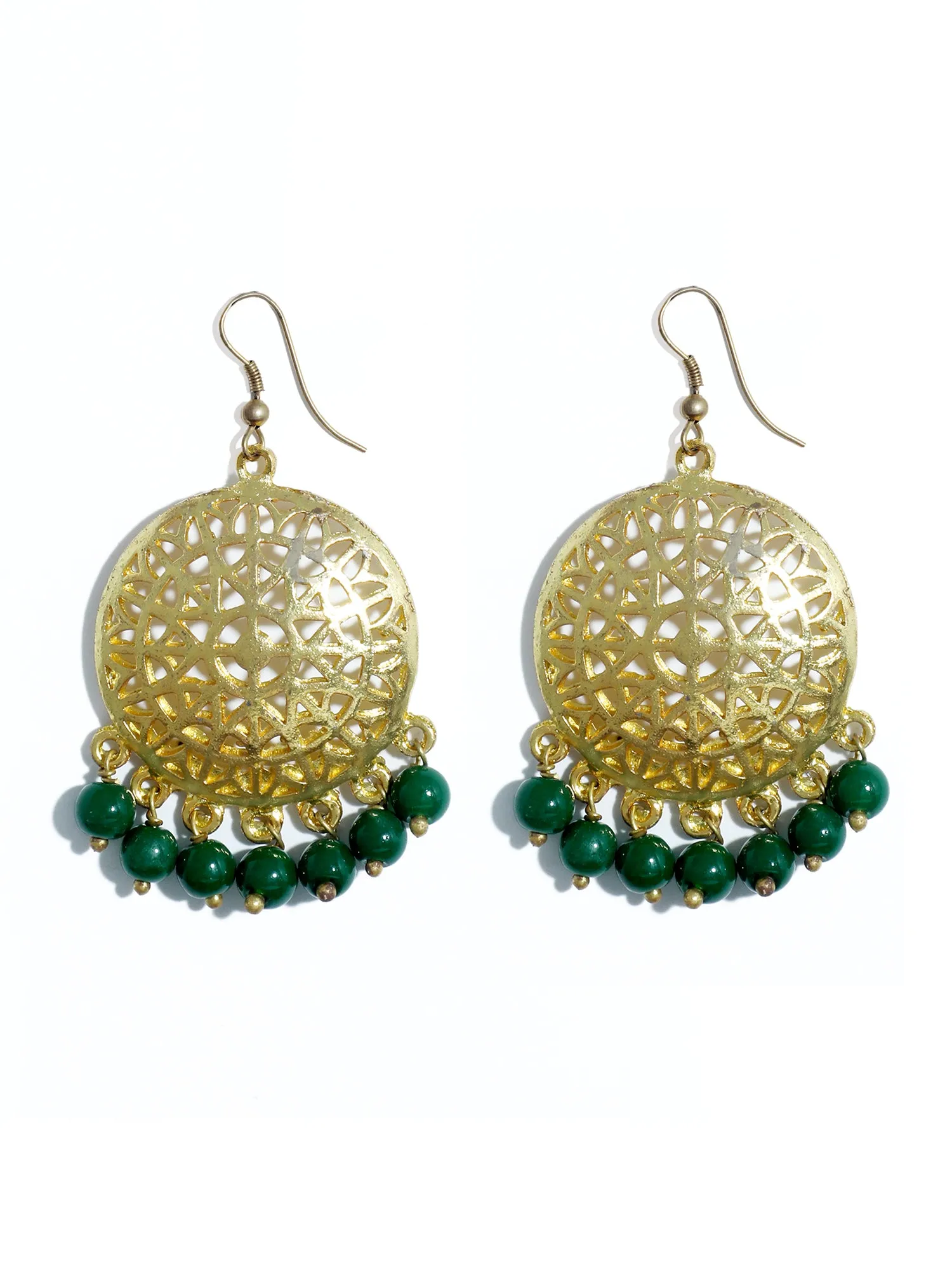 Gold Plated Green Beads Kundan Dangler Earrings for Women