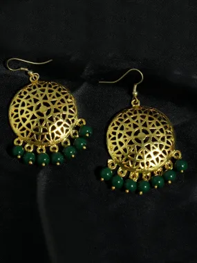 Gold Plated Green Beads Kundan Dangler Earrings for Women