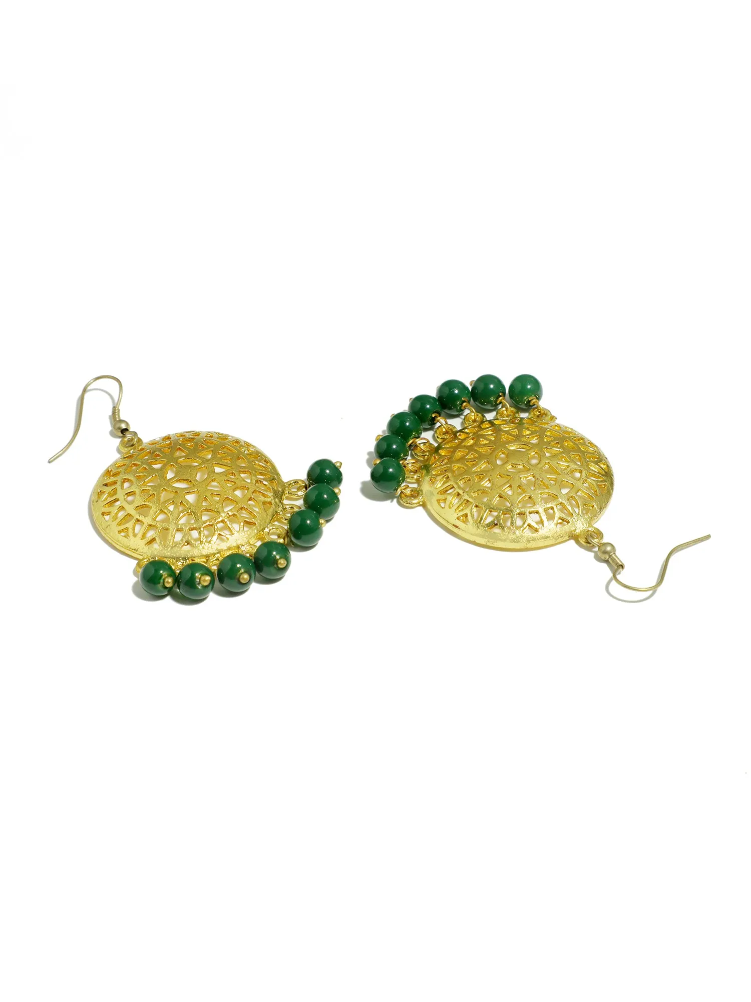 Gold Plated Green Beads Kundan Dangler Earrings for Women