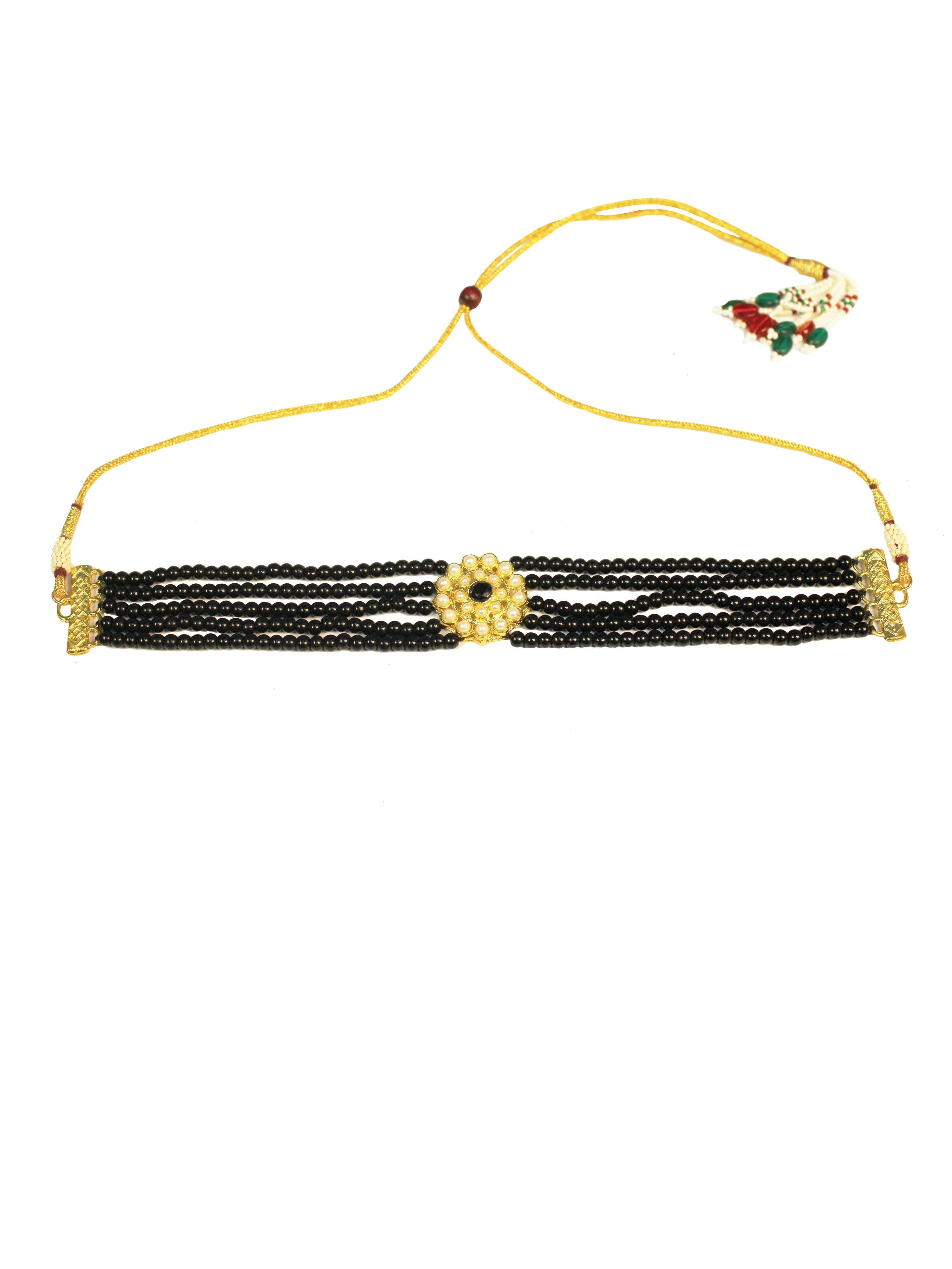 Gold-Plated Kundan and Black Beaded Choker Necklace Set