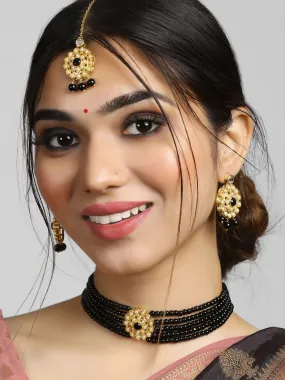 Gold-Plated Kundan and Black Beaded Choker Necklace Set