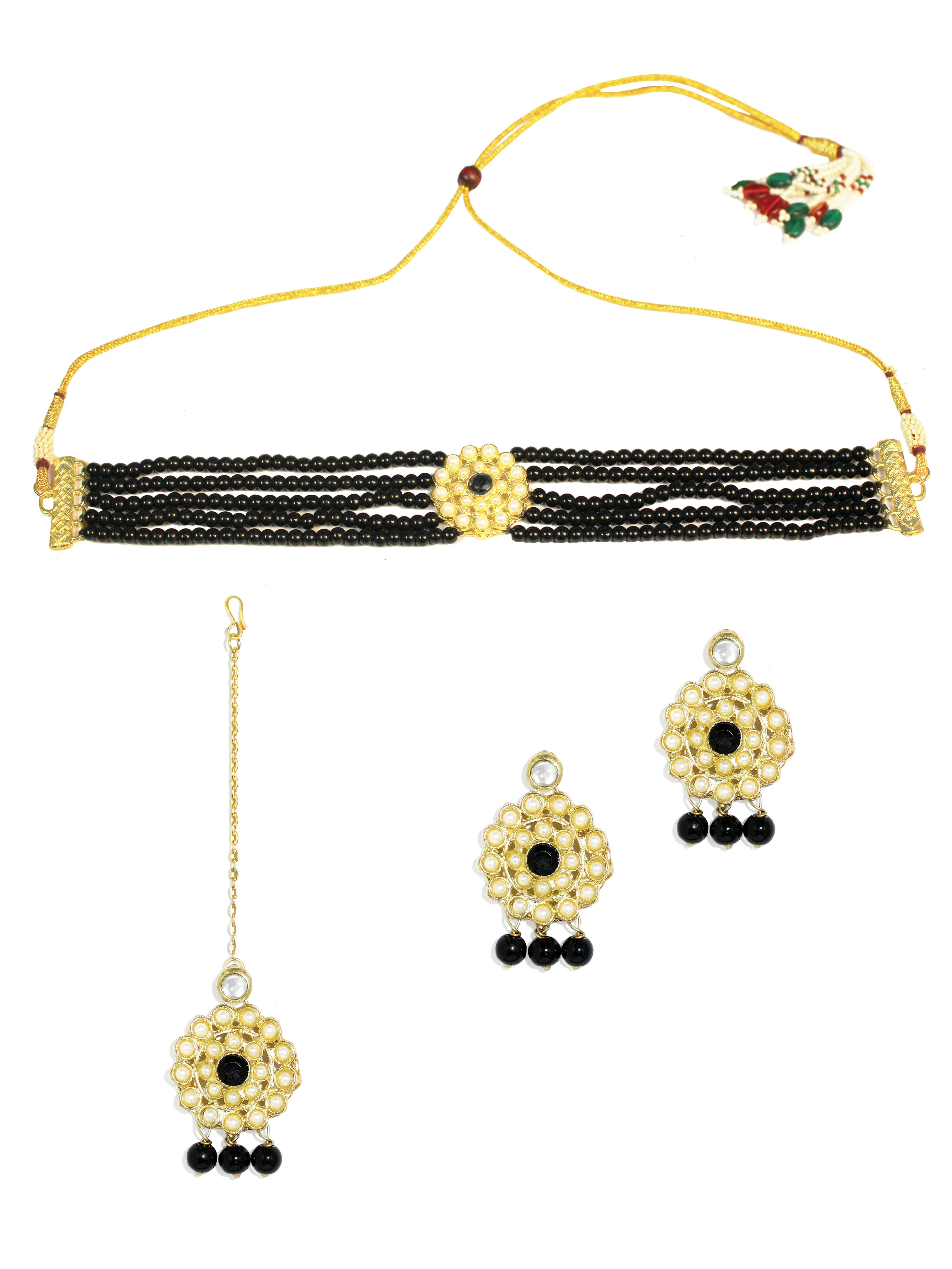 Gold-Plated Kundan and Black Beaded Choker Necklace Set