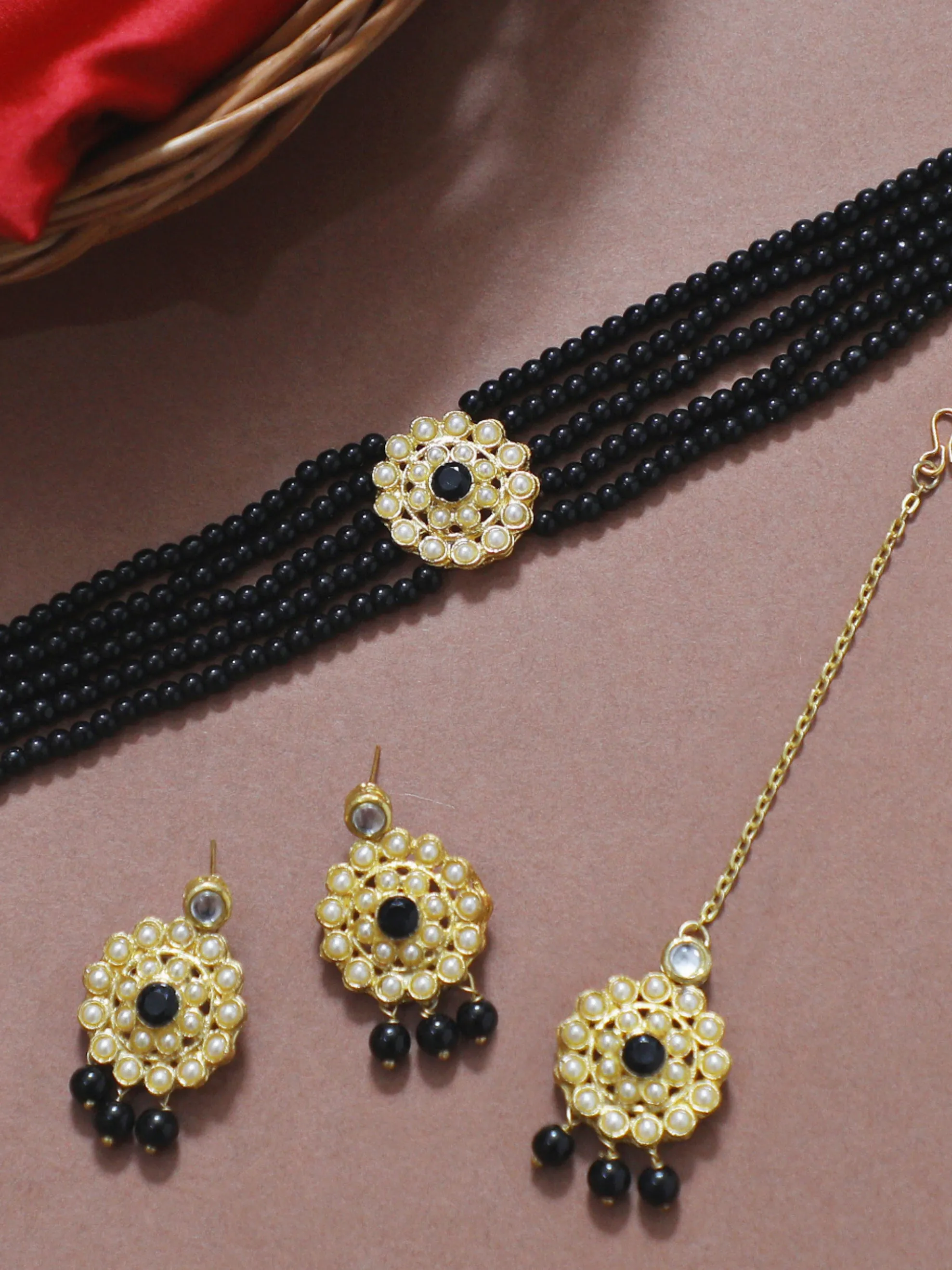 Gold-Plated Kundan and Black Beaded Choker Necklace Set