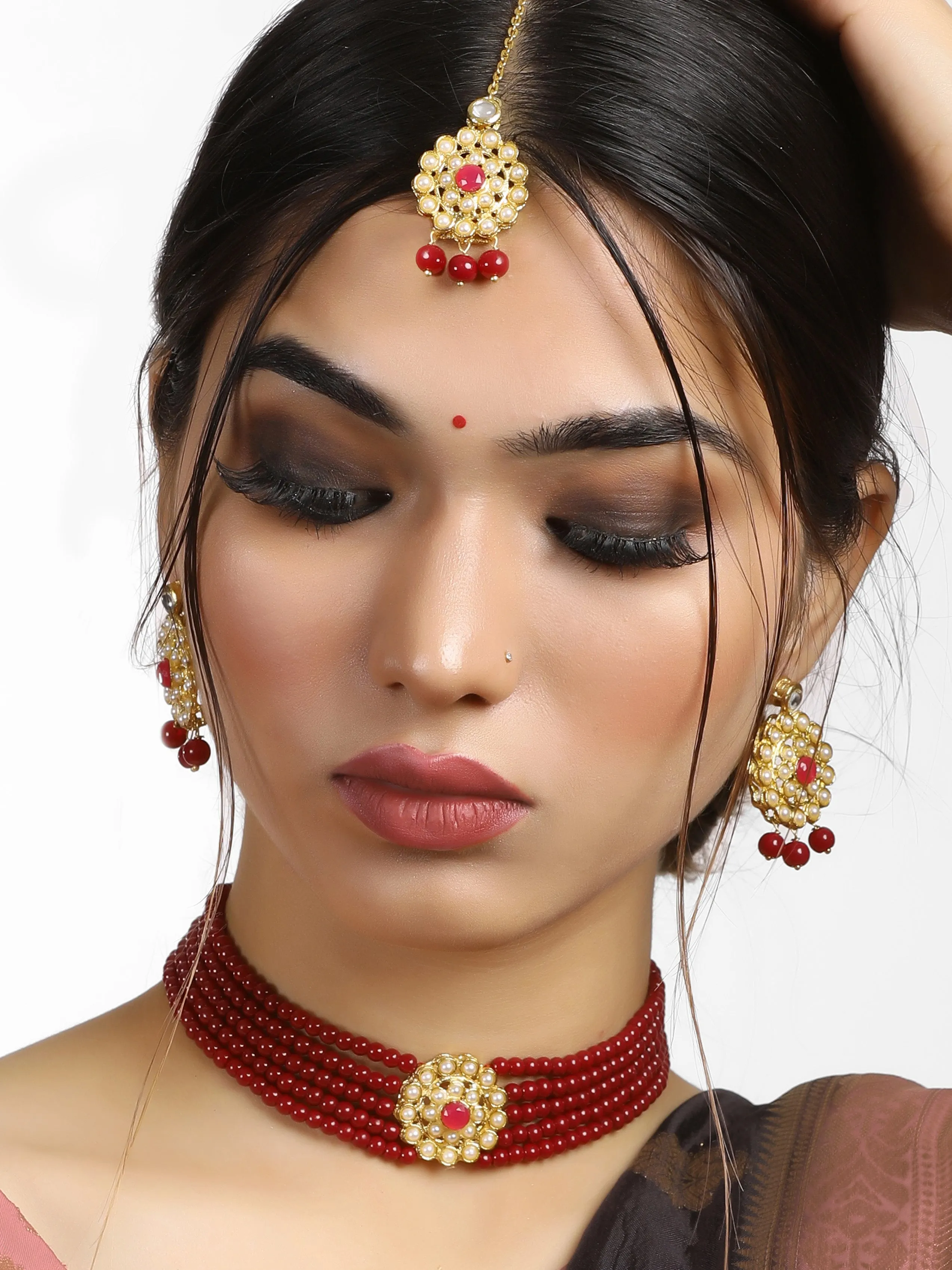 Gold-Plated Kundan and Red Beaded Choker Necklace Set