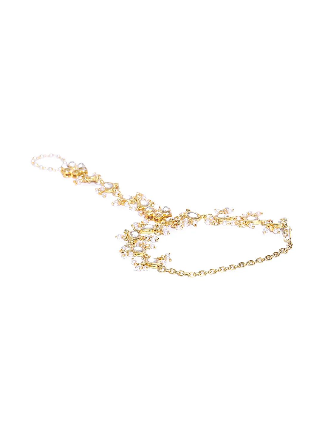 Gold-Plated Kundan Pearl Chain Hathphool with Tassel Beads