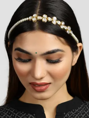 Gold Plated Pearl and Kundan Studded Hairband