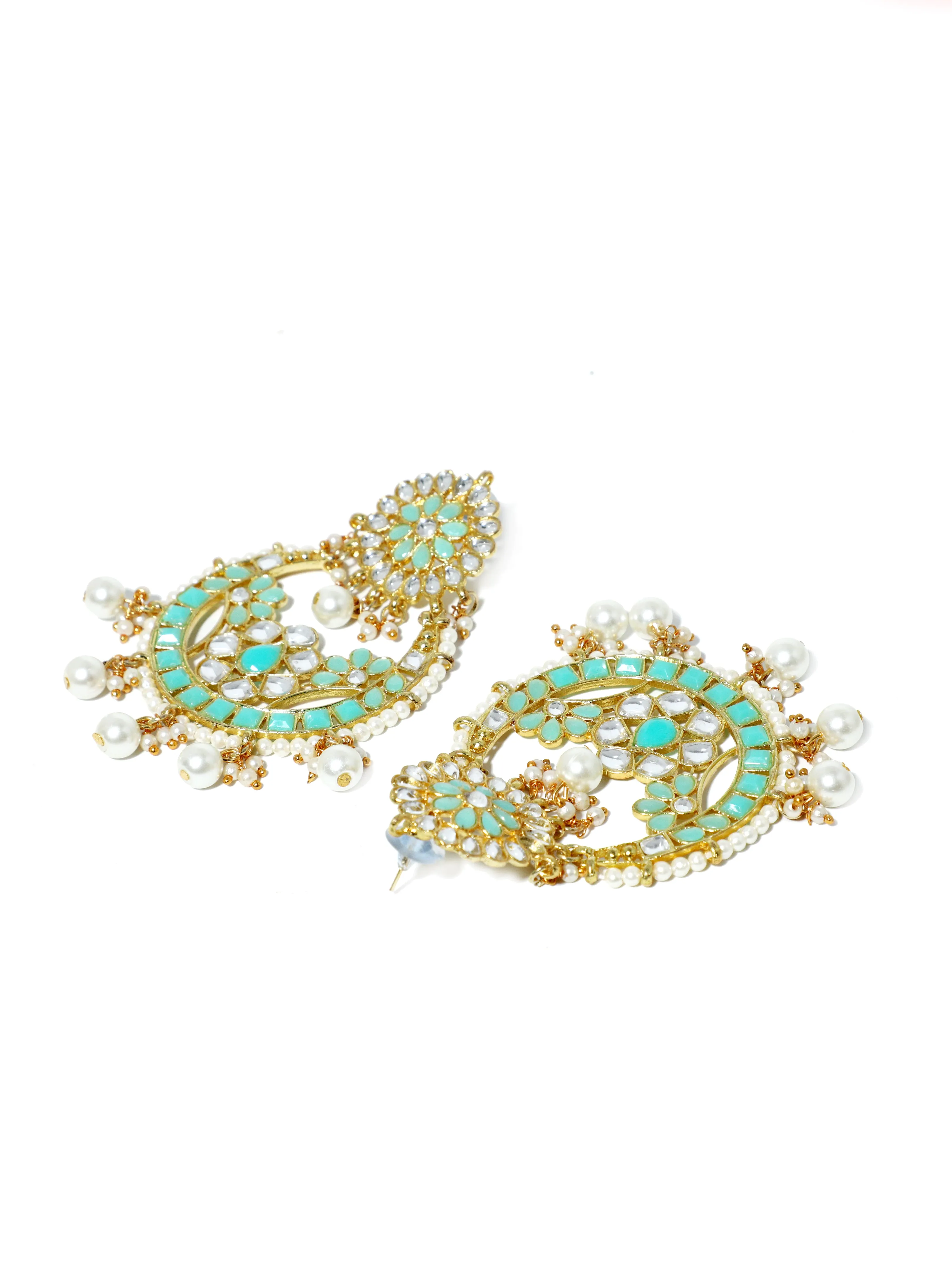 Gold Plated Pearl Beads Mint Green Kundan Chandbali Earrings