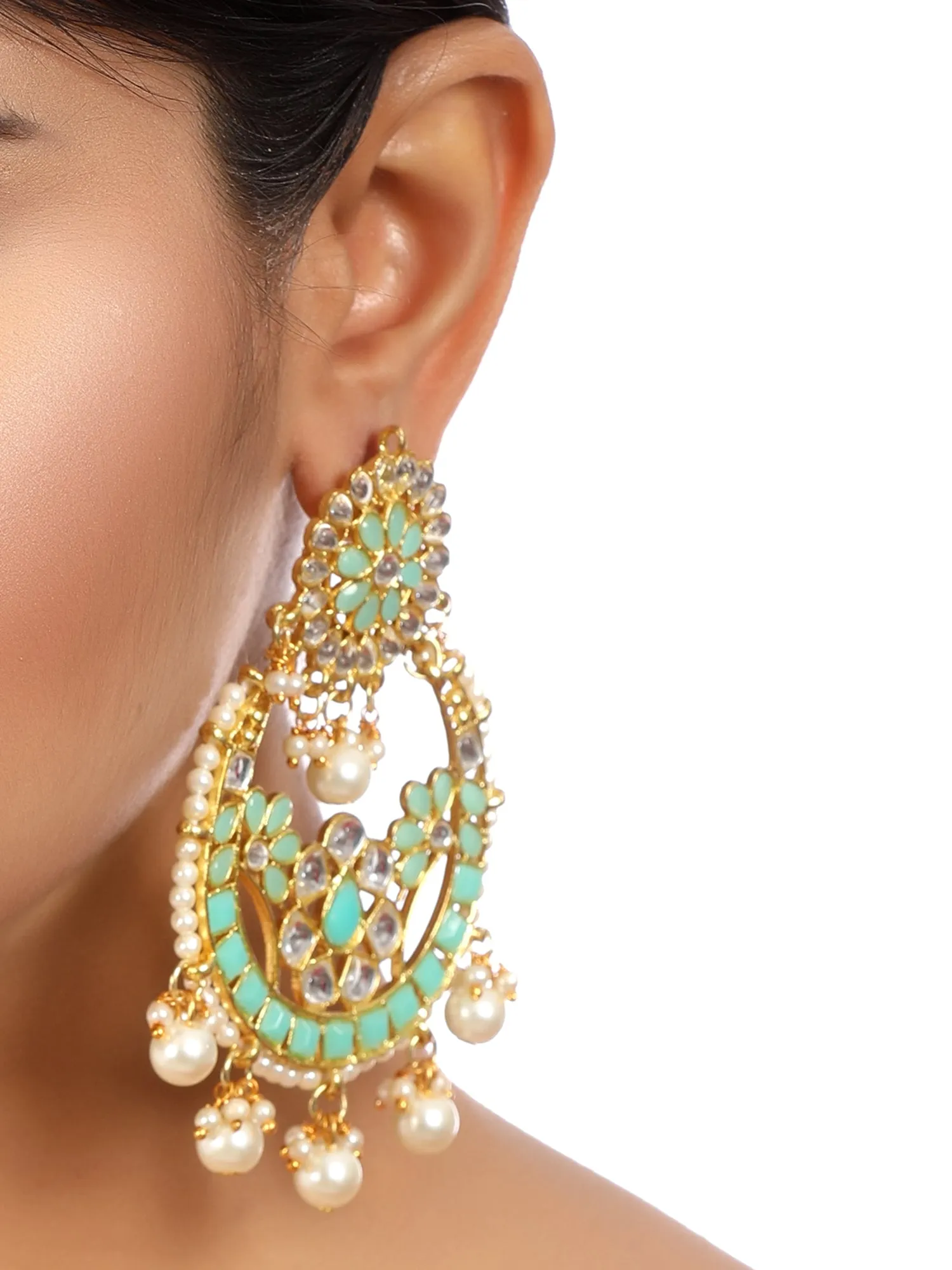 Gold Plated Pearl Beads Mint Green Kundan Chandbali Earrings