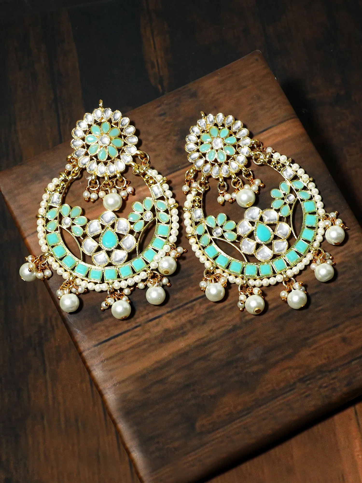 Gold Plated Pearl Beads Mint Green Kundan Chandbali Earrings