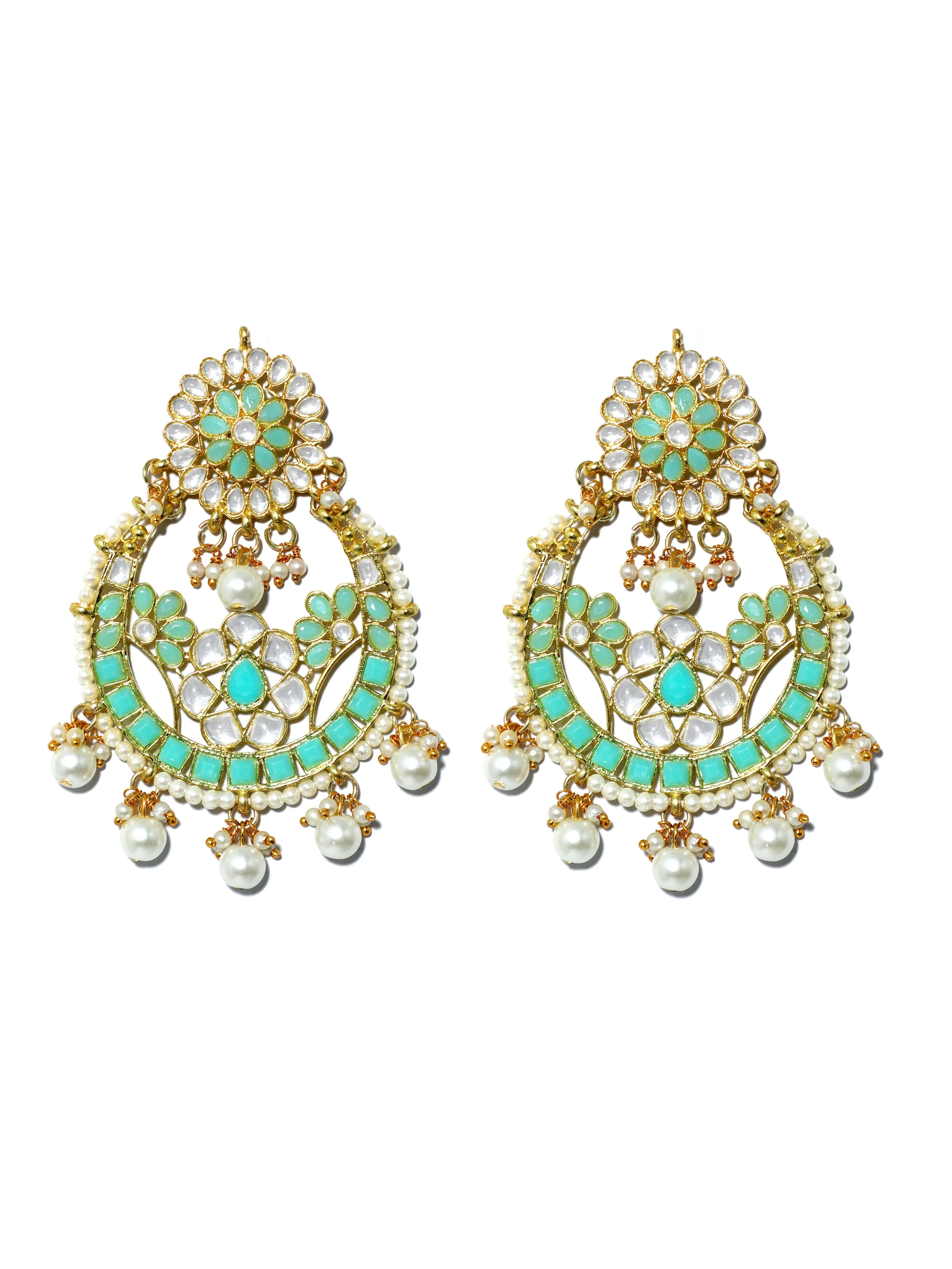 Gold Plated Pearl Beads Mint Green Kundan Chandbali Earrings