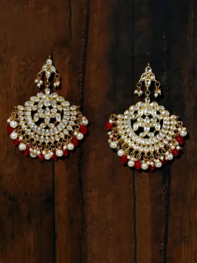 Gold Plated Red and Pearl Beads Kundan Chandbali Earrings