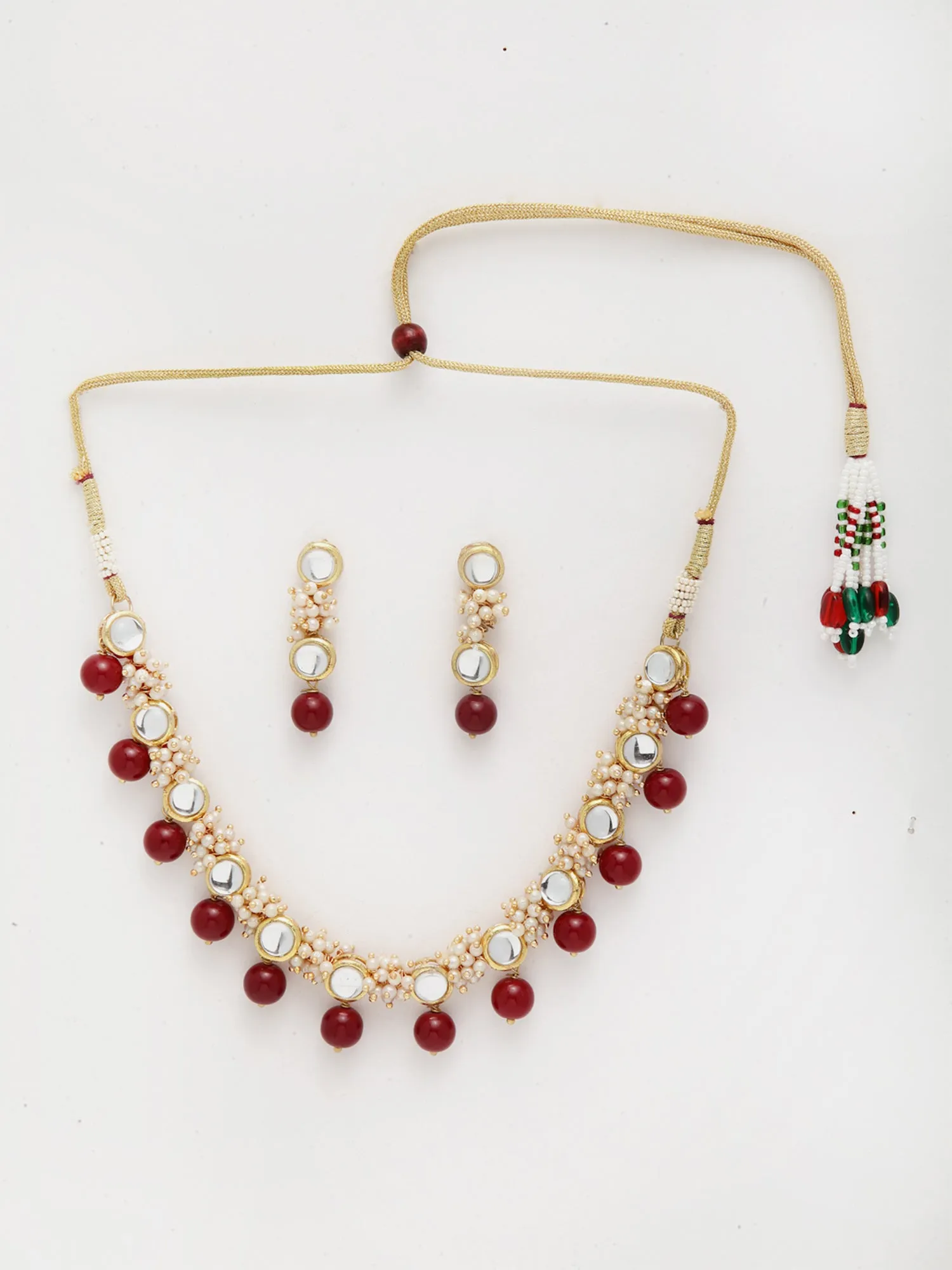 Gold-Plated Red Beads and Pearl Ball Studded Handcrafted Kundan Necklace Set