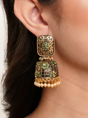 Karatcart Antique Gold Plated Floral Green Studded Jhumki Earrings for Women