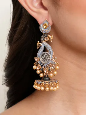 Karatcart Antique Gold Plated Kundan Studded Grey Meena Peacock with Flat Jhumki Dangler Earrings