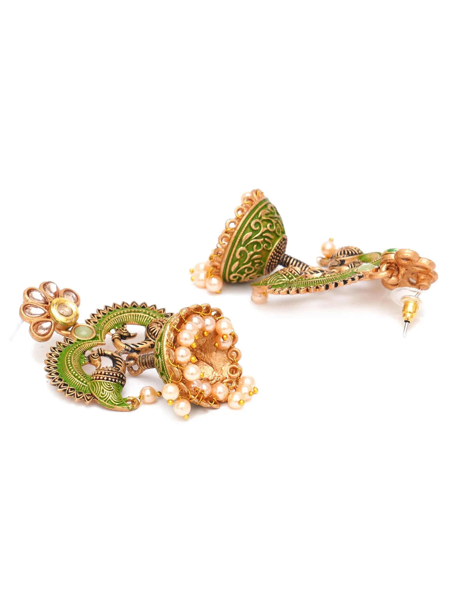 Karatcart Antique Gold Plated Light Green Designer Peacock Jhumki Earrings for Women