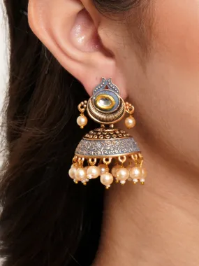 Karatcart Antique Gold Plated Polki Kundan Studded Grey Meena Jhumki Earrings for Women