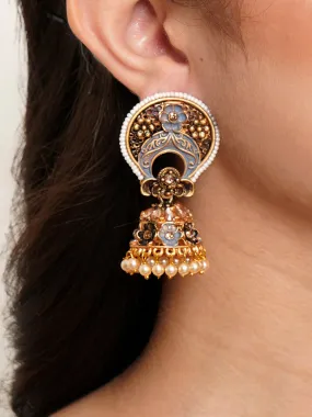 Karatcart Antique Gold Plated White Beaded Grey Floral Jhumki Earrings for Women