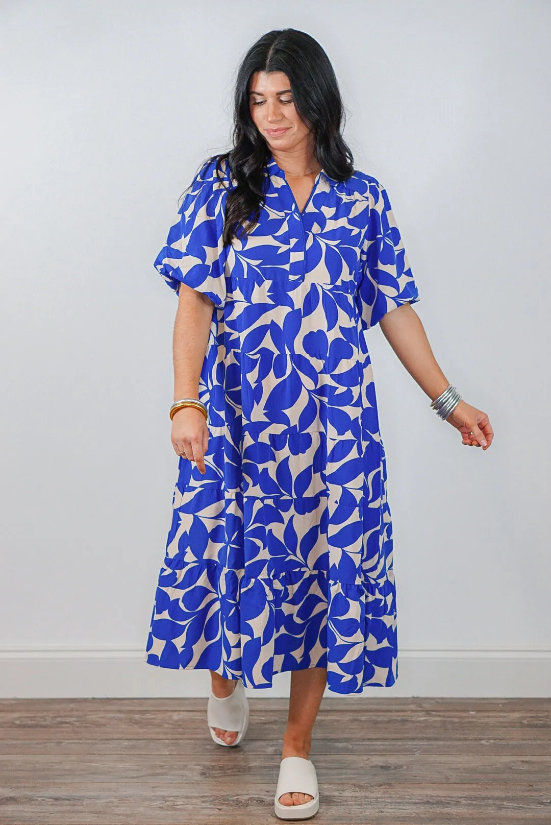 Leaf Print Blue Midi Dress