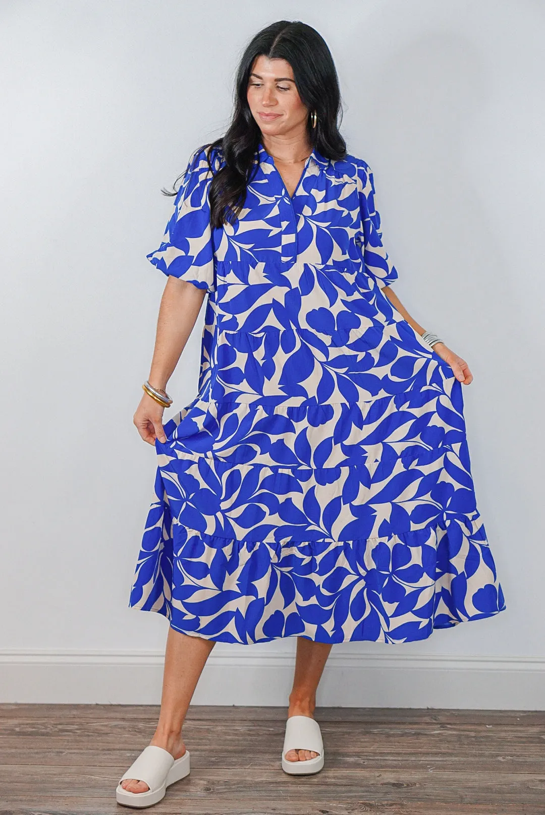 Leaf Print Blue Midi Dress